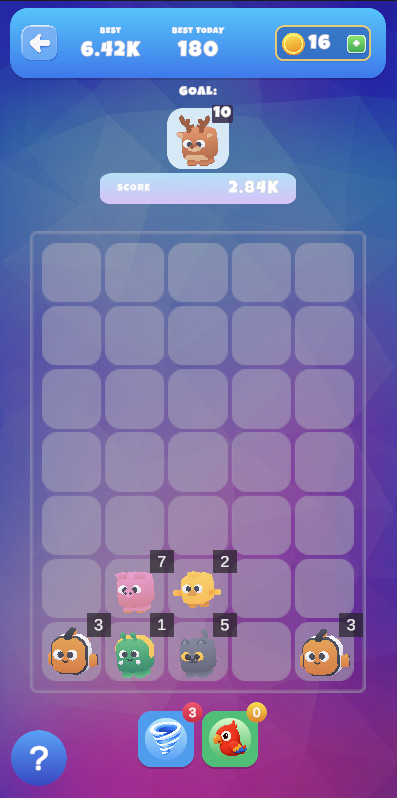 Gameplay board from Animal Merge Puzzle showing animals on a grid with score and helpers