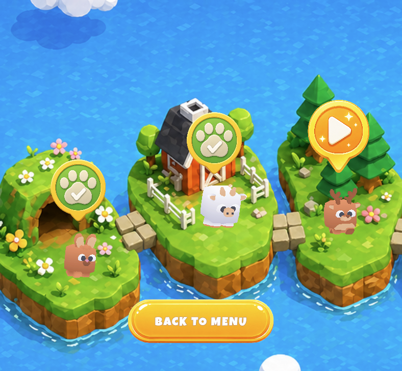 Island map from Animal Merge Puzzle: bunny, cow, and deer on connected floating islands